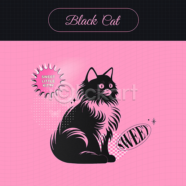 귀여움 사랑 사람없음 AI(파일형식) 일러스트 검은색 고양이 나비 말풍선 분홍색 스티커 키치