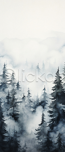 사람없음 JPG 일러스트 검은색 나무 동양화 백그라운드 번짐 수묵화 숲 안개 자연 풍경(경치) 하늘