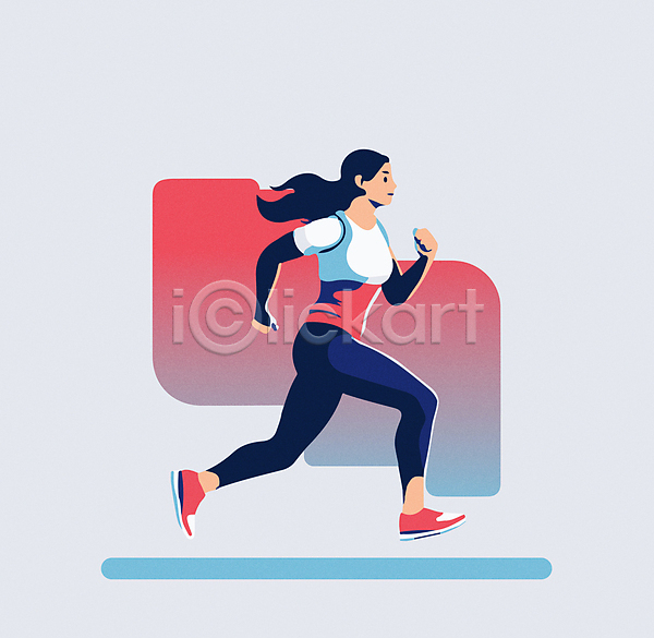 성인 성인여자한명만 여자 한명 AI(파일형식) 일러스트 그라데이션 달리기 라이프스타일 러닝셔츠 빨간색 운동복 운동화 전신 조깅 파란색 헬스