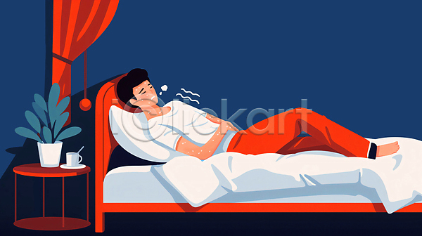 남자 성인 성인남자한명만 한명 JPG 일러스트 감기(질병) 눕기 땀 몸살 발열 베개 오한 이불 전신 침대 커튼 협탁 화분 환절기
