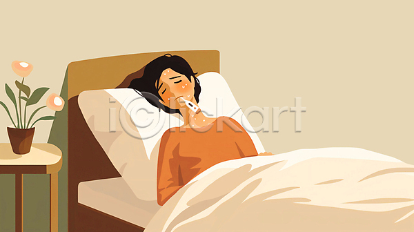 성인 성인여자한명만 여자 한명 JPG 일러스트 감기(질병) 꽃 눈감음 눕기 땀 몸살 물기(모션) 발열 베개 상반신 이불 체온계 침대 협탁 화분 환절기