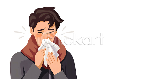 남자 성인 성인남자한명만 한명 JPG 일러스트 감기(질병) 눈감음 눈물 몸살 비염 상반신 코풀기 콧물 환절기