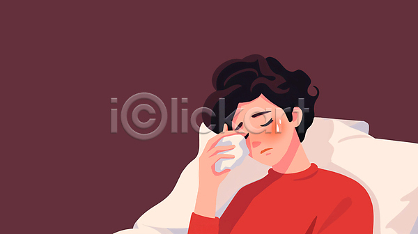 성인 성인여자한명만 여자 한명 JPG 일러스트 감기(질병) 눈감음 눕기 땀 땀흘리기 몸살 발열 베개 상반신 환절기