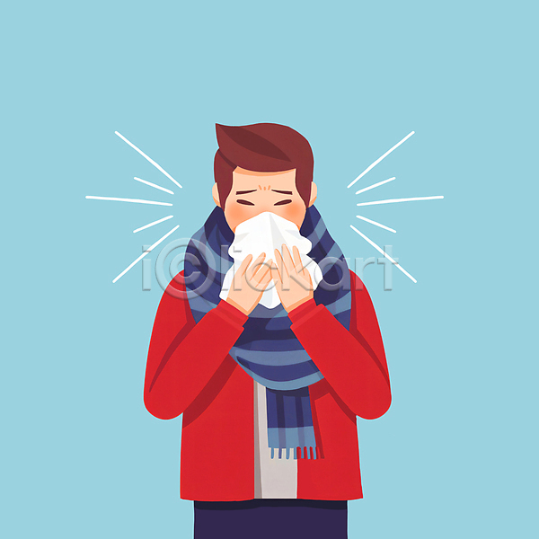 남자 성인 성인남자한명만 한명 JPG 일러스트 감기(질병) 기침 눈감음 목도리 몸살 상반신 재채기 환절기