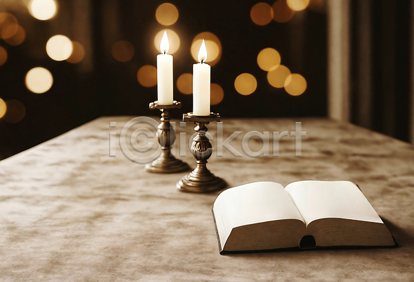 사람없음 JPG 디지털합성 편집이미지 기독교 보케 성경 오브젝트 촛대 촛불 탁자 편집소스