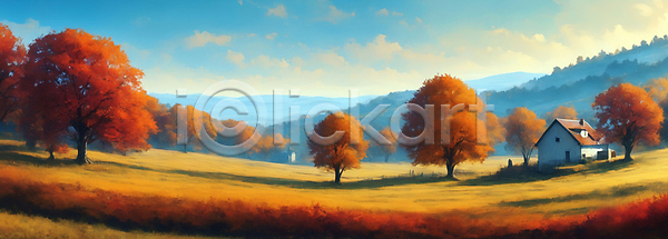 사람없음 JPG 디지털합성 편집이미지 가을(계절) 가을풍경 구름(자연) 단풍 단풍나무 산 자연 주택 초원(자연) 풍경(경치) 하늘
