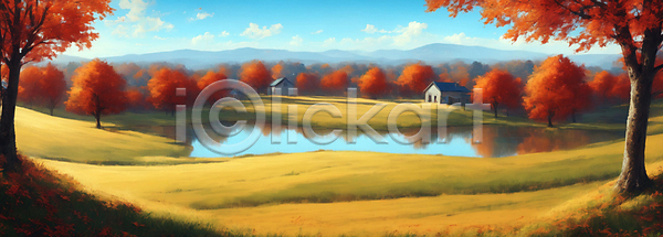 사람없음 JPG 디지털합성 편집이미지 가을(계절) 가을풍경 구름(자연) 단풍 단풍나무 산 연못 자연 주택 초원(자연) 풍경(경치) 하늘