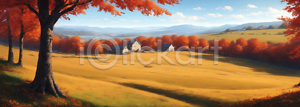 사람없음 JPG 디지털합성 편집이미지 가을(계절) 가을풍경 구름(자연) 단풍 단풍나무 산 자연 주택 초원(자연) 풍경(경치)