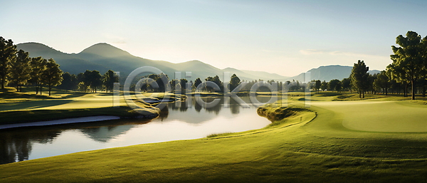 사람없음 JPG 디지털합성 편집이미지 강 골프 골프장 나무 산 연못 잔디 풍경(경치) 필드 하늘