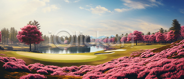 사람없음 JPG 디지털합성 편집이미지 골프 골프장 구름(자연) 꽃 나무 벙커(골프장) 연못 잔디 풍경(경치) 필드 하늘