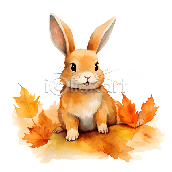 사람없음 JPG 일러스트 가을(계절) 갈색 낙엽 단풍 번짐 붓터치 수채화(물감) 토끼 한마리