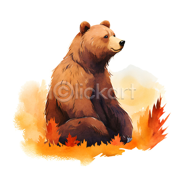 사람없음 JPG 일러스트 가을(계절) 갈색 곰 낙엽 단풍 번짐 붓터치 수채화(물감) 한마리