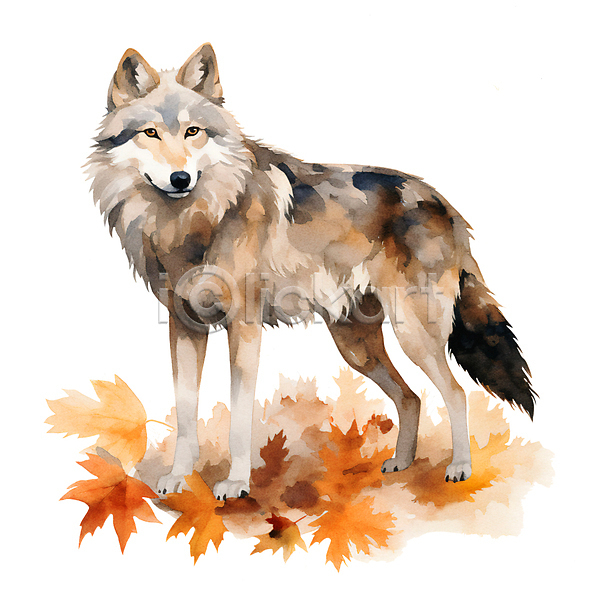 사람없음 JPG 일러스트 가을(계절) 낙엽 늑대 단풍 번짐 붓터치 수채화(물감) 한마리