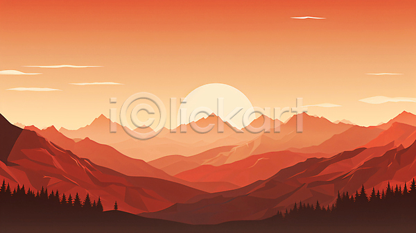 사람없음 JPG 일러스트 구름(자연) 백그라운드 산 자연 주황색 태양 풍경(경치) 하늘