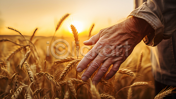 신체부위 JPG 편집이미지 가을(계절) 갈색 농경지 만지기 밀 밀밭 손 이삭 추수 햇빛