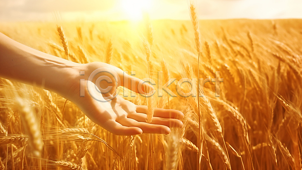 신체부위 JPG 편집이미지 가을(계절) 노란색 농경지 만지기 밀 밀밭 손 이삭 추수 햇빛
