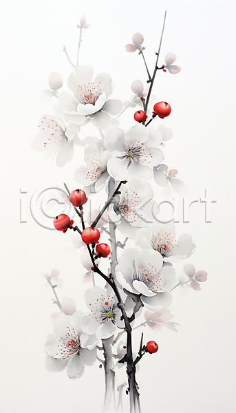사람없음 JPG 일러스트 꽃봉오리 나뭇가지 매화 백그라운드 번짐 붓터치 수묵화 수채화(물감) 열매 흰색