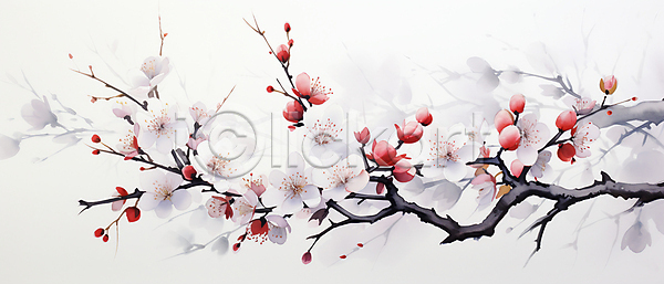 사람없음 JPG 일러스트 꽃봉오리 나뭇가지 매화 백그라운드 번짐 붓터치 수묵화 수채화(물감) 흰색