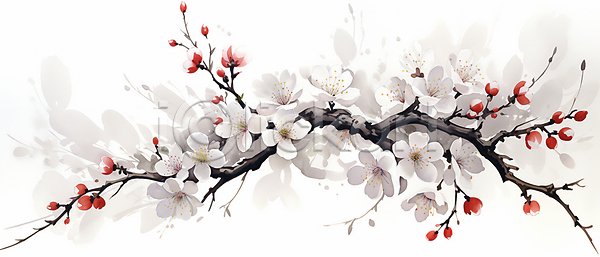 사람없음 JPG 일러스트 꽃봉오리 나뭇가지 매화 백그라운드 번짐 붓터치 수묵화 수채화(물감) 흰색