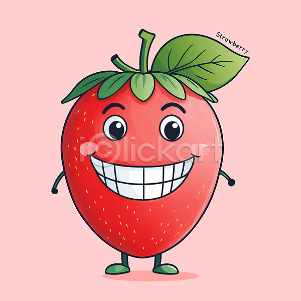 귀여움 사람없음 PSD 일러스트 과일캐릭터 딸기 미소(표정) 빨간색 서기 잎 카툰스타일 특산물 홍보캐릭터
