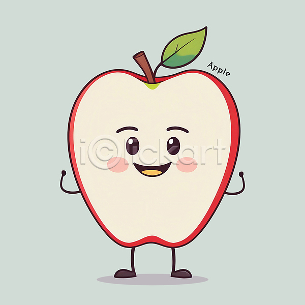 귀여움 사람없음 PSD 일러스트 과일캐릭터 단면 미소(표정) 사과 서기 손들기 잎 카툰스타일 특산물 홍보캐릭터 흰색