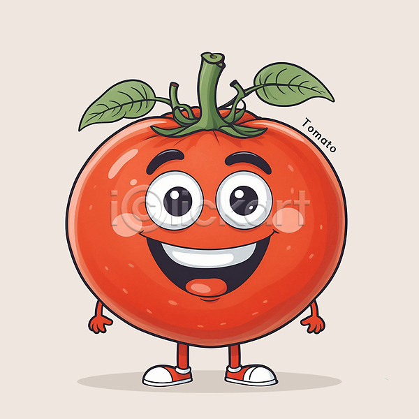 귀여움 사람없음 PSD 일러스트 미소(표정) 빨간색 서기 잎 채소캐릭터 카툰스타일 토마토 특산물 홍보캐릭터