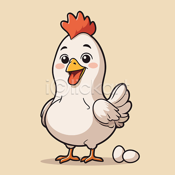 사람없음 AI(파일형식) 일러스트 가축 계란 닭 닭캐릭터 동물캐릭터 미소(표정) 베이지색 서기 한마리