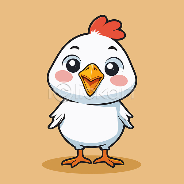 사람없음 AI(파일형식) 일러스트 가축 닭 닭캐릭터 동물캐릭터 미소(표정) 서기 한마리 흰색