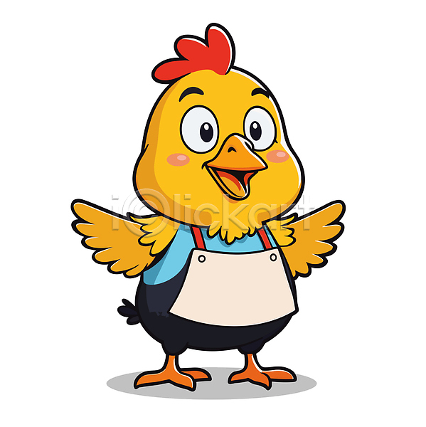 사람없음 AI(파일형식) 일러스트 가축 노란색 닭 닭캐릭터 동물캐릭터 미소(표정) 서기 앞치마 팔벌리기 한마리