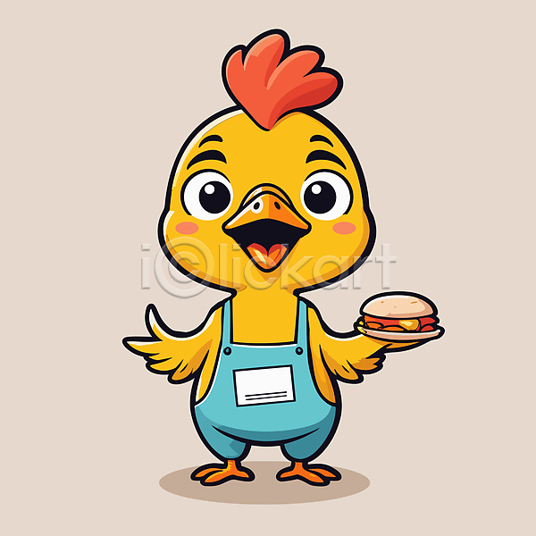 사람없음 AI(파일형식) 일러스트 가축 노란색 닭 닭캐릭터 동물캐릭터 들기 미소(표정) 서기 팔벌리기 한마리 햄버거