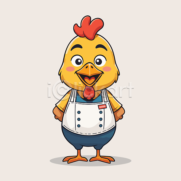 사람없음 AI(파일형식) 일러스트 가축 노란색 닭 닭캐릭터 동물캐릭터 미소(표정) 서기 앞치마 한마리