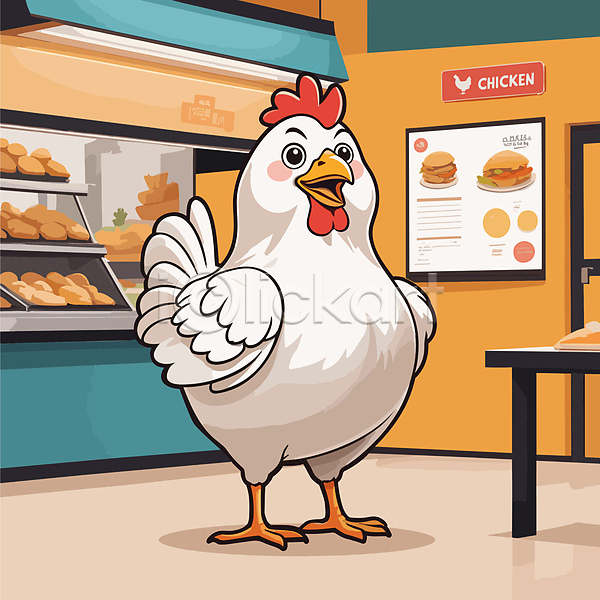 사람없음 AI(파일형식) 일러스트 가축 닭 닭캐릭터 동물캐릭터 미소(표정) 서기 한마리 햄버거 햄버거가게