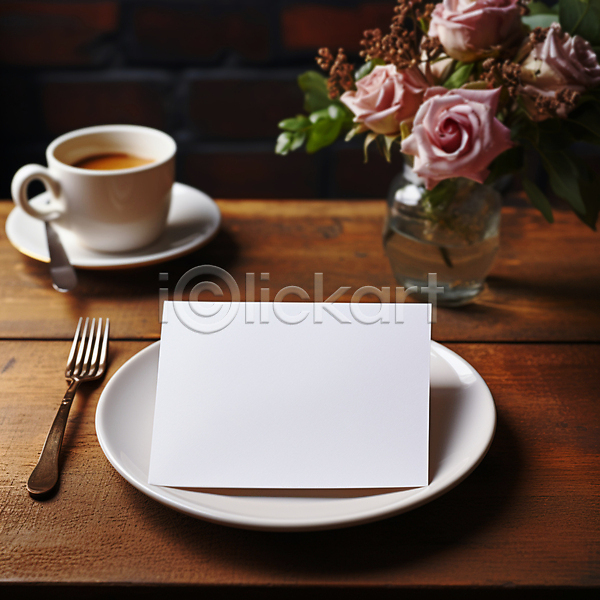 사람없음 JPG 편집이미지 꽃 꽃병 나무탁자 머그컵 접시 종이 카피스페이스 커피 커피잔 컵받침 포크
