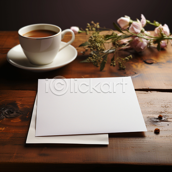 사람없음 JPG 편집이미지 꽃 나무탁자 머그컵 종이 카피스페이스 커피 커피잔 컵받침