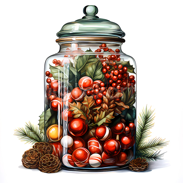 사람없음 JPG 디지털합성 편집이미지 담기 사탕 솔방울 유리병 잎 크리스마스 호랑가시나무열매