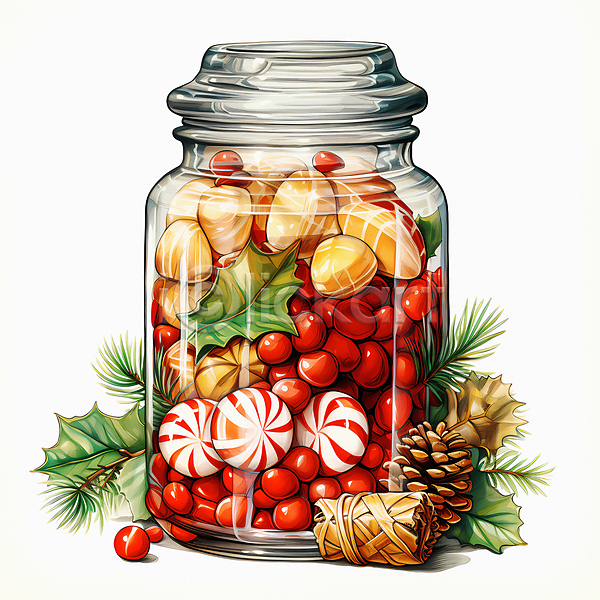 사람없음 JPG 디지털합성 편집이미지 담기 사탕 솔방울 유리병 잎 크리스마스
