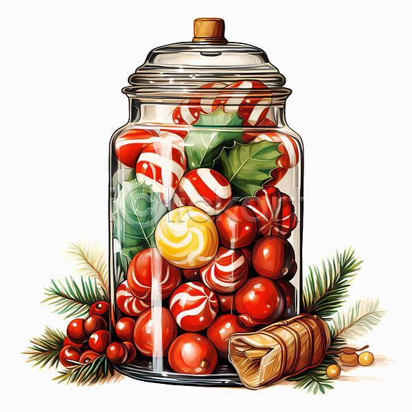 사람없음 JPG 디지털합성 편집이미지 담기 사탕 유리병 잎 크리스마스 호랑가시나무열매