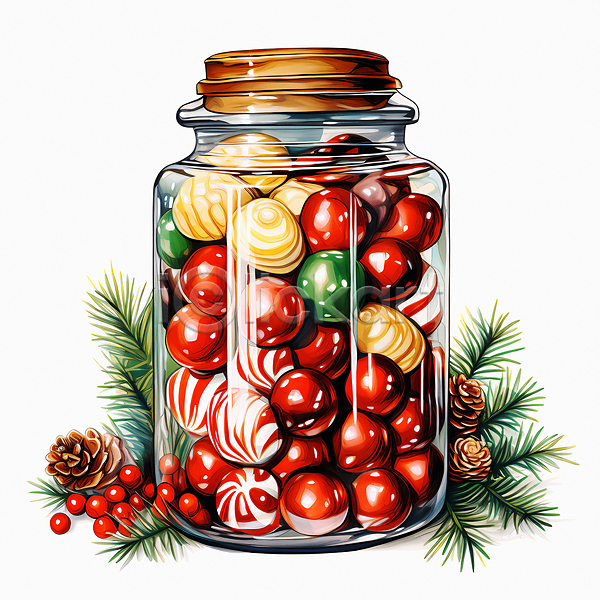 사람없음 JPG 디지털합성 편집이미지 담기 사탕 솔방울 유리병 잎 크리스마스