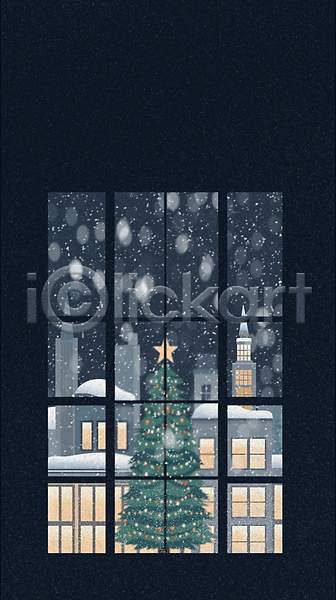 사람없음 JPG 일러스트 건물 겨울 눈(날씨) 눈내림 도시 백그라운드 빌딩 야간 창문 카피스페이스 크리스마스트리 하늘