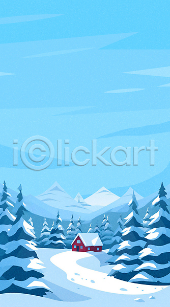 사람없음 JPG 일러스트 겨울 나무 눈(날씨) 눈덮임 백그라운드 산 산장 오두막 주택 카피스페이스 하늘 하늘색