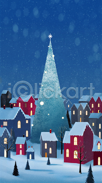 사람없음 JPG 일러스트 겨울 나무 눈(날씨) 눈덮임 마을 백그라운드 야간 주택 카피스페이스 크리스마스트리 파란색 하늘
