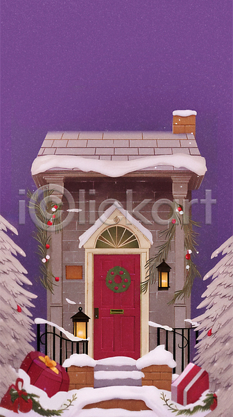 사람없음 JPG 일러스트 겨울 나무 눈(날씨) 눈덮임 문 백그라운드 벽돌집 보라색 선물상자 카피스페이스 크리스마스