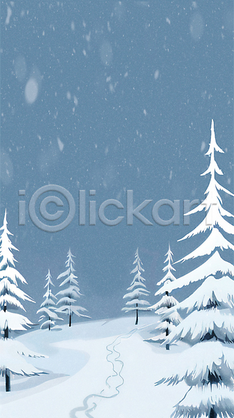 사람없음 JPG 일러스트 겨울 나무 눈(날씨) 눈내림 눈덮임 백그라운드 설원 숲 자국 카피스페이스 하늘 하늘색