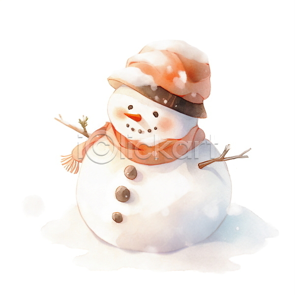 포근함 사람없음 JPG 일러스트 겨울 눈(날씨) 눈사람 동화 수채화(물감) 크리스마스 털모자 털목도리