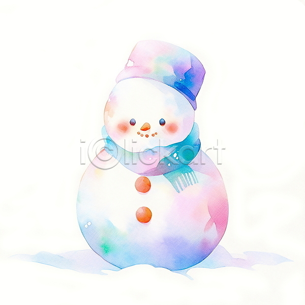 포근함 사람없음 JPG 일러스트 겨울 눈(날씨) 눈사람 동화 수채화(물감) 컬러풀 크리스마스 털모자 털목도리