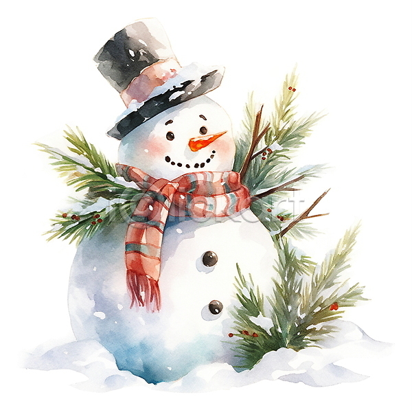 포근함 사람없음 JPG 일러스트 겨울 나뭇가지 눈(날씨) 눈사람 동화 모자(잡화) 수채화(물감) 잎 크리스마스 털목도리