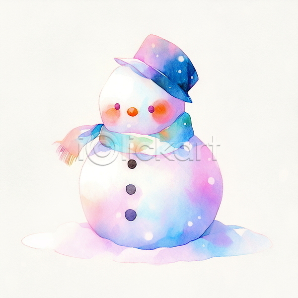 포근함 사람없음 JPG 일러스트 겨울 눈(날씨) 눈사람 동화 모자(잡화) 수채화(물감) 컬러풀 크리스마스 털목도리