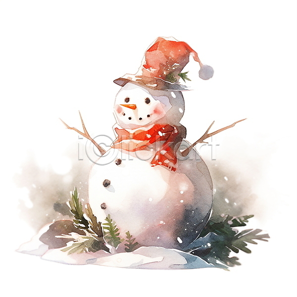 포근함 사람없음 JPG 일러스트 겨울 눈(날씨) 눈사람 동화 모자(잡화) 수채화(물감) 잎 크리스마스 털목도리