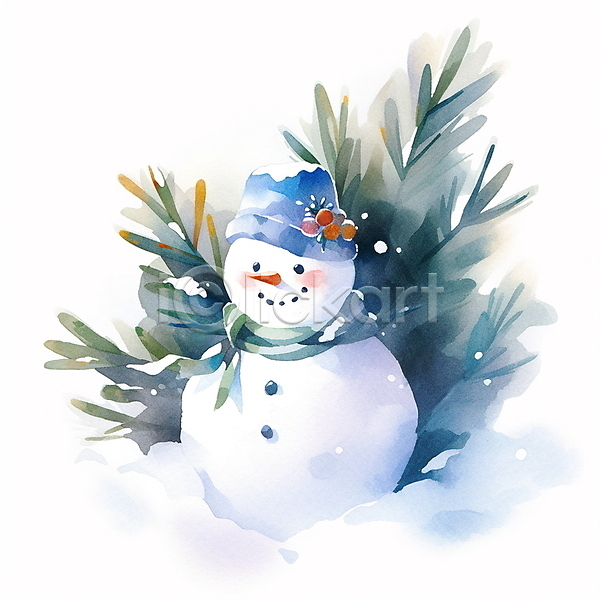 포근함 사람없음 JPG 일러스트 겨울 눈(날씨) 눈사람 동화 수채화(물감) 잎 크리스마스 털모자 털목도리