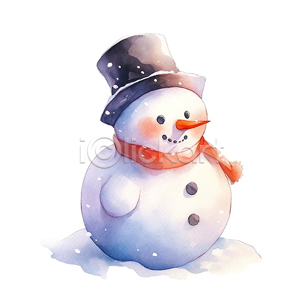 포근함 사람없음 JPG 일러스트 겨울 눈(날씨) 눈사람 동화 모자(잡화) 수채화(물감) 크리스마스 털목도리